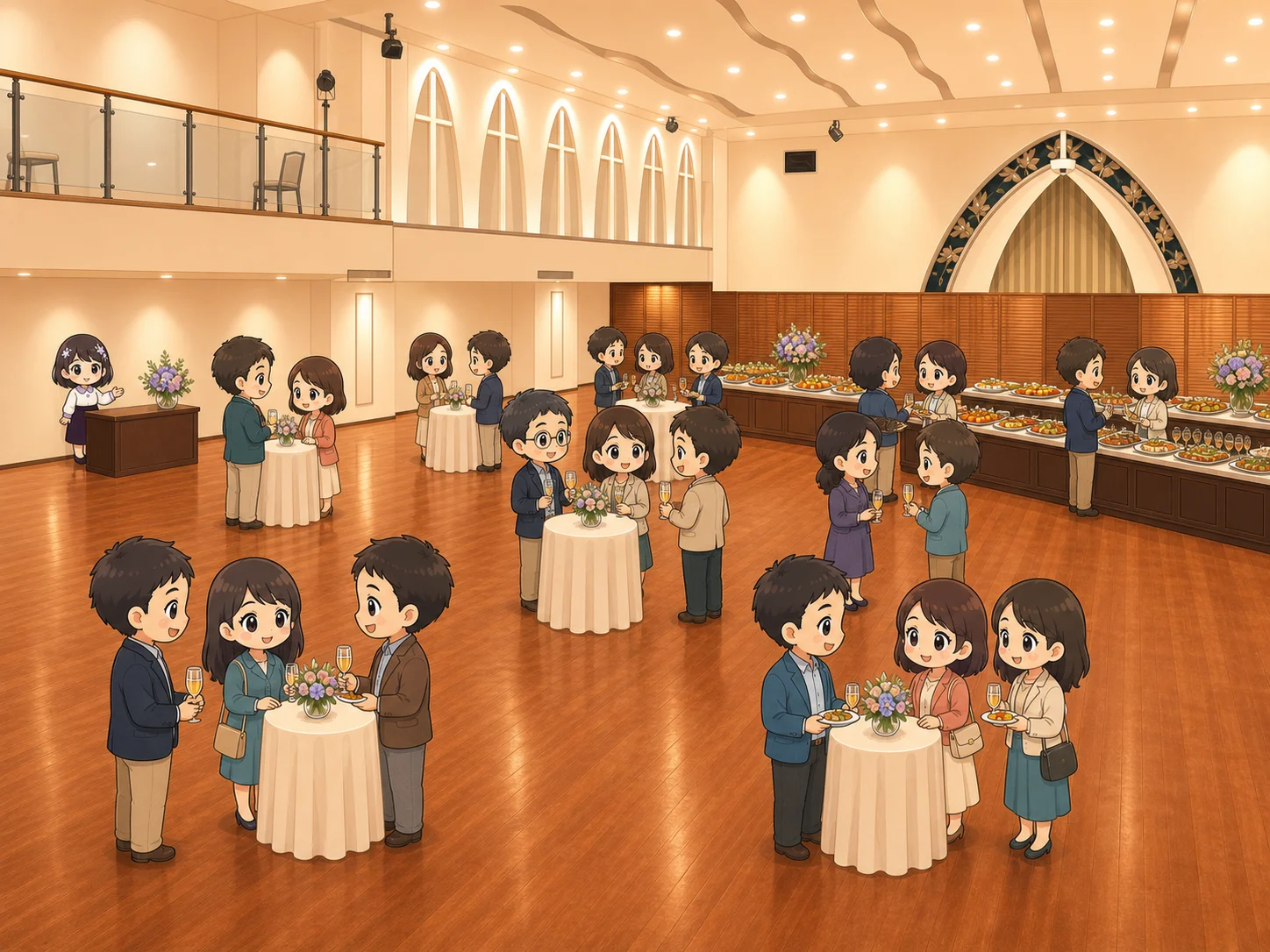 明るい宴会場で、同窓生が立食ビュッフェと歓談を楽しむ会場イメージイラスト